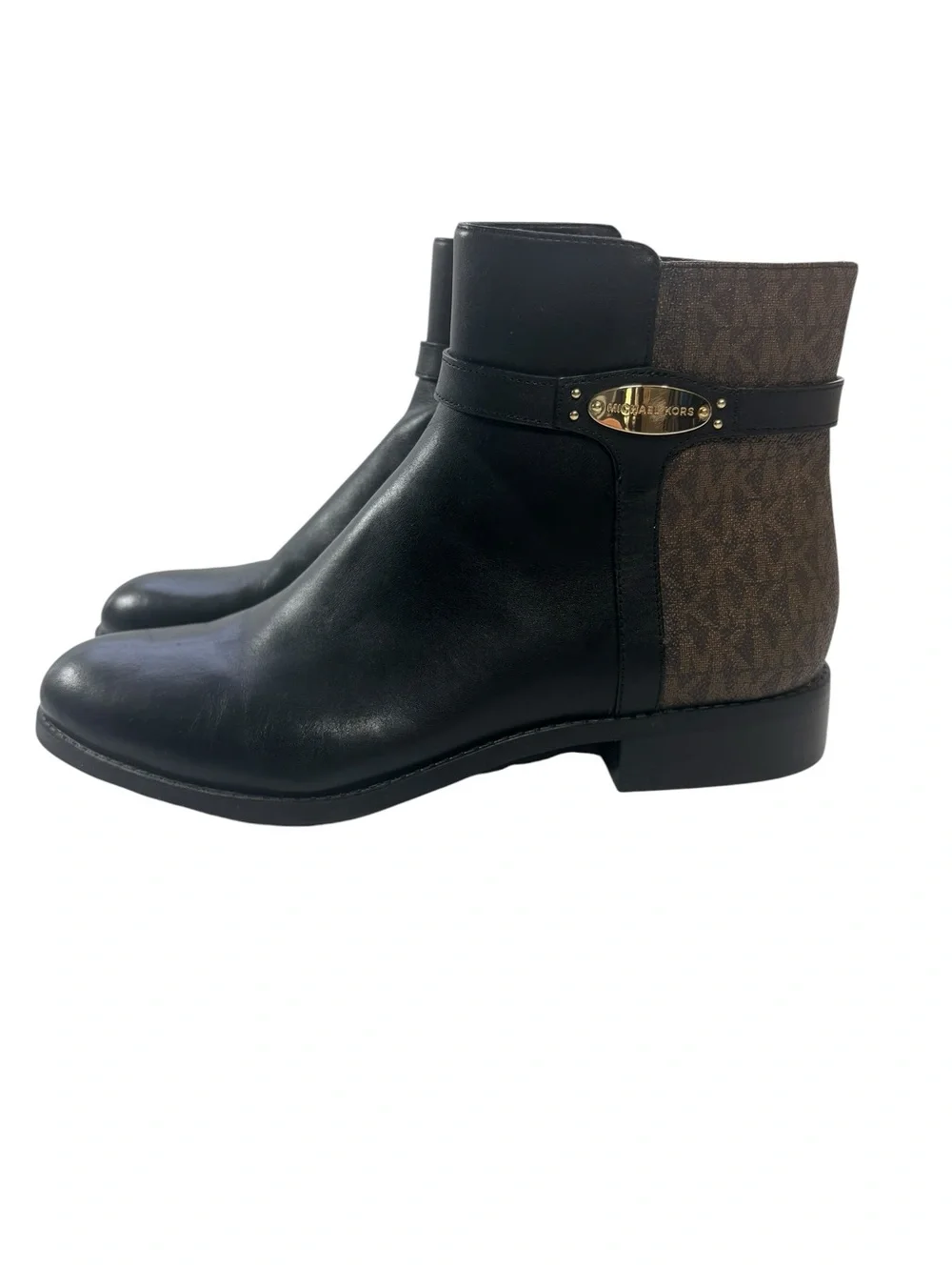 Michael Kors Black Leather Ankle Boots with Brown Logo Panel and Gold Plate Sz9